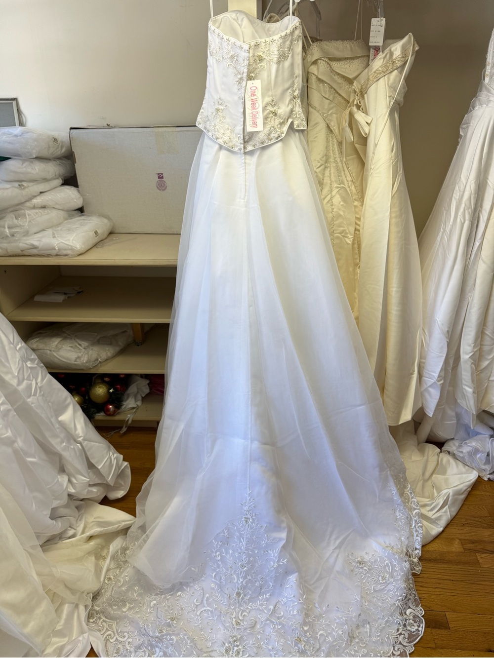 DaVinci Strapless White Satin Bridal Gown with Gold Embroidery - Picture 4 of 4